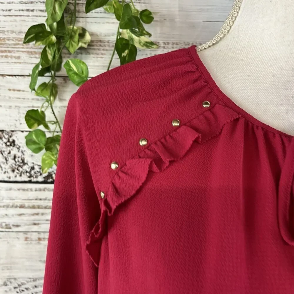 Michael Kors Tunic Blouse size Extra Small Dark Pink Crepe Ruffles Studs Bow Tie